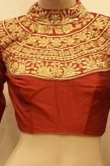 Maroon dupion silk highneck zari embroidered blouse