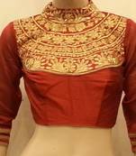 Maroon dupion silk highneck zari embroidered blouse