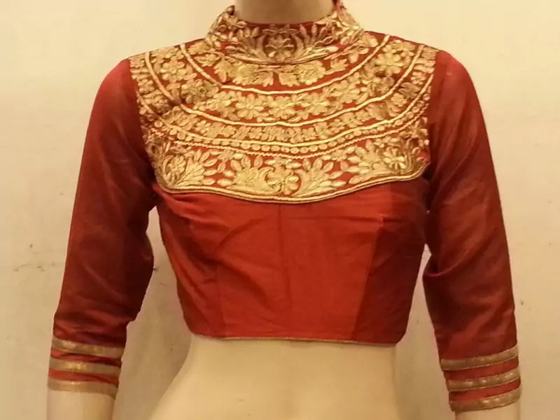 Maroon dupion silk highneck zari embroidered blouse