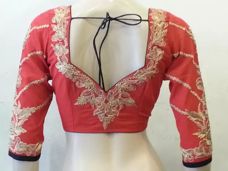 Red and Black Chanderi Silk Blouse Zari embroidery on back and sleeves