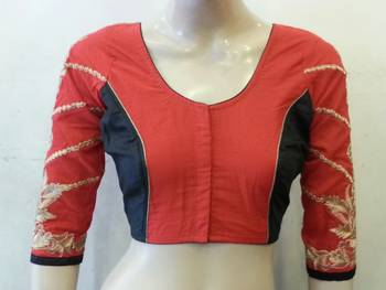 Red and Black Chanderi Silk Blouse Zari embroidery on back and sleeves 2