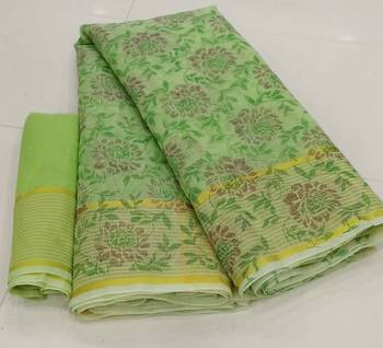 Green printed cotton silk saree with blouse 1