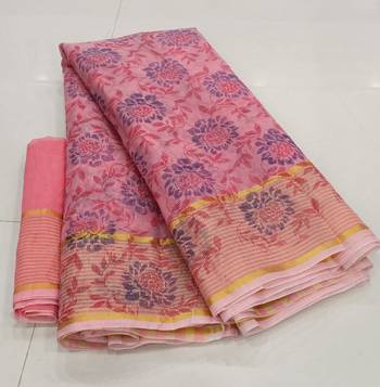 Peach printed cotton silk saree with blouse 1