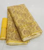 Yellow printed cotton silk saree with blouse