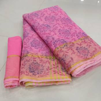 Pink printed cotton silk saree with blouse 1