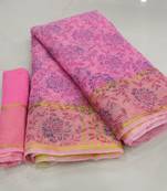 Pink printed cotton silk saree with blouse