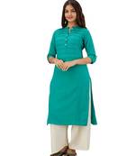 Turquoise Plain Cotton Straight Kurti with Palazzo