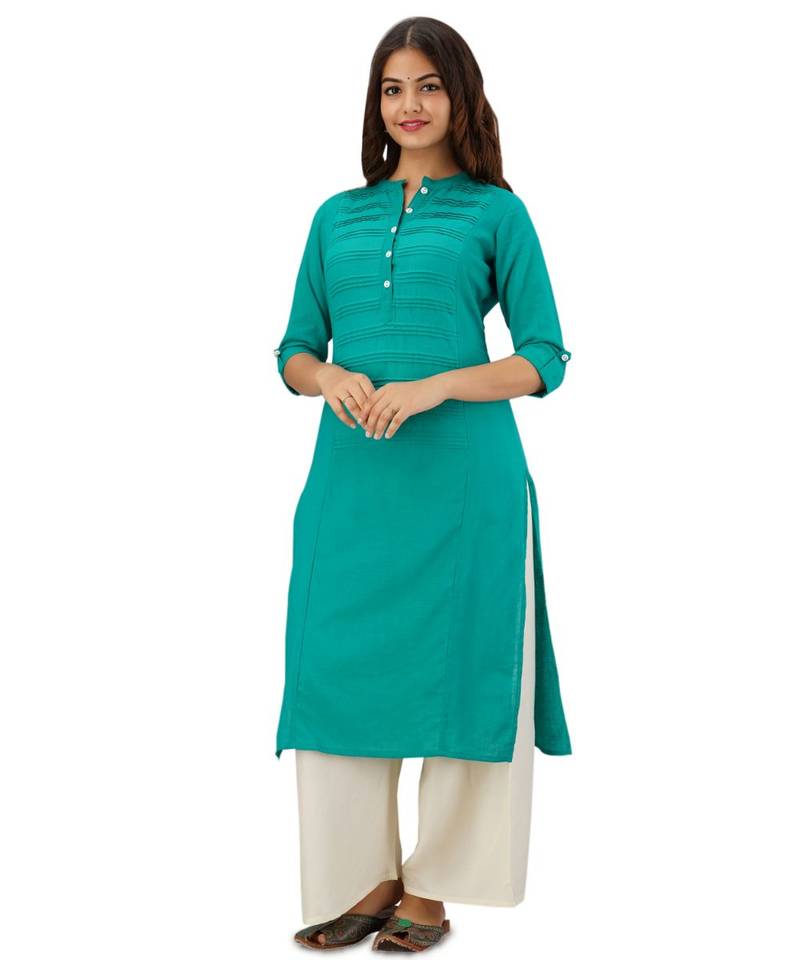Turquoise Plain Cotton Straight Kurti with Palazzo
