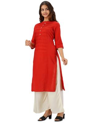 Red Plain Cotton Straight Kurti with Palazzo 1