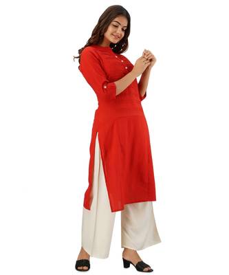 Red Plain Cotton Straight Kurti with Palazzo 2