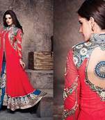 Red embroidered georgette semi stitched salwar with dupatta