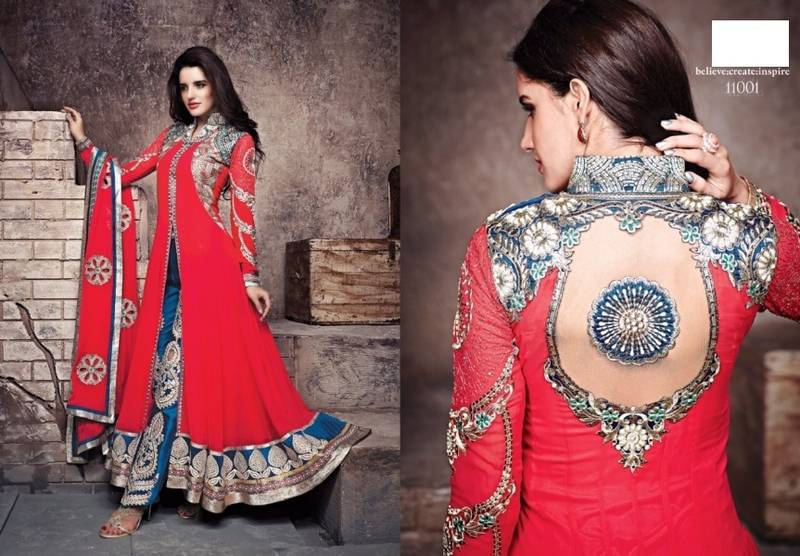 Red embroidered georgette semi stitched salwar with dupatta