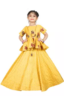 Kids Cotton Silk Yellow Wedding Wear Lehenga Choli 