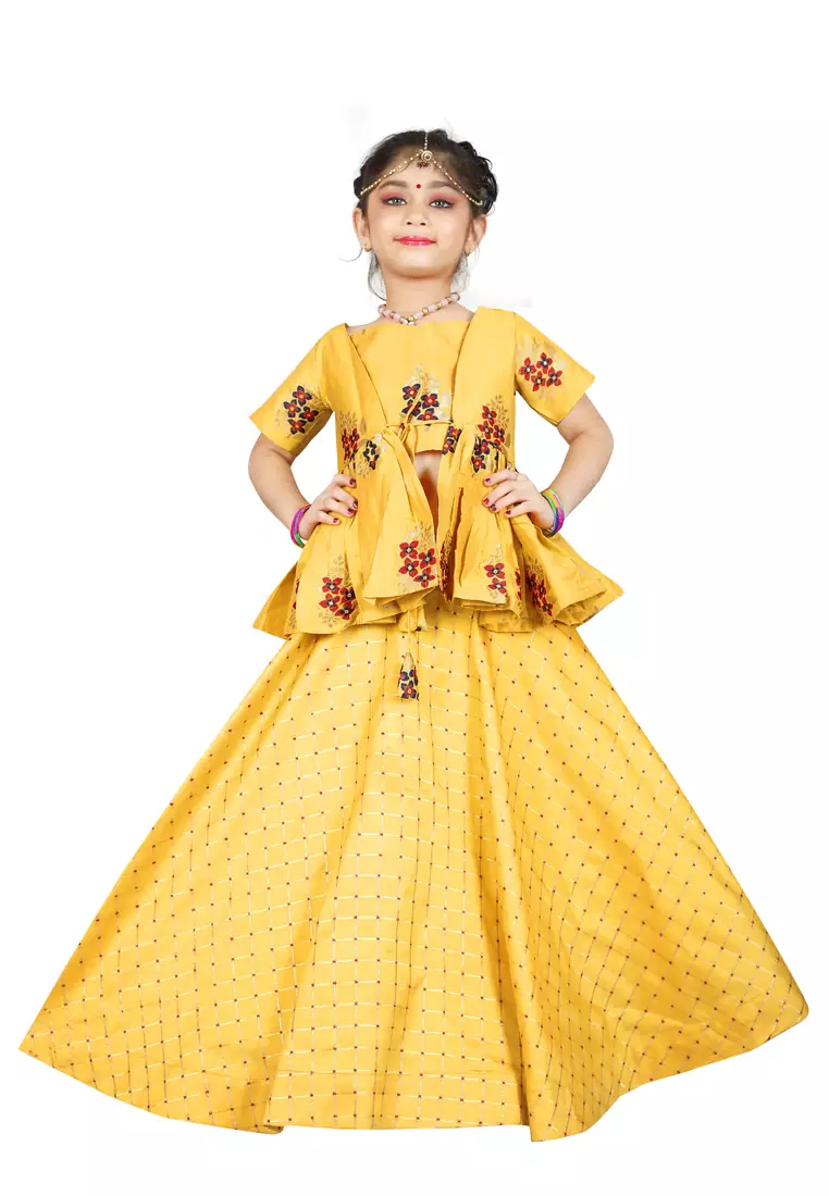 Kids Cotton Silk Yellow Wedding Wear Lehenga Choli 