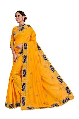 Yellow embroidered art silk saree with blouse 3