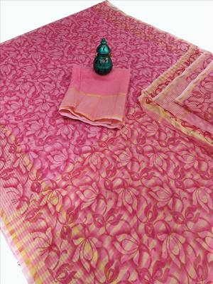Pink woven net saree with blouse 1
