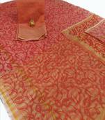 Red woven net saree with blouse