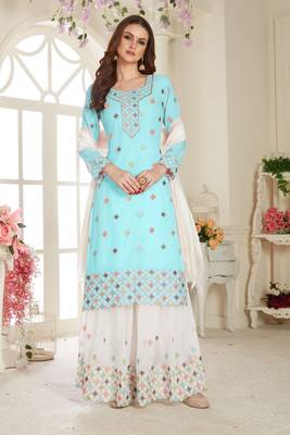 Sky Embroidered Foux Georgette Semi Stitched Sharara 1