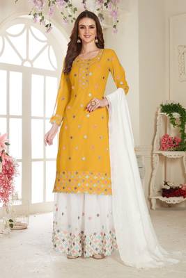Yellow Embroidered Foux Georgette Semi Stitched Sharara 1
