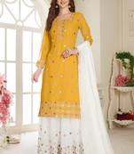 Yellow Embroidered Foux Georgette Semi Stitched Sharara