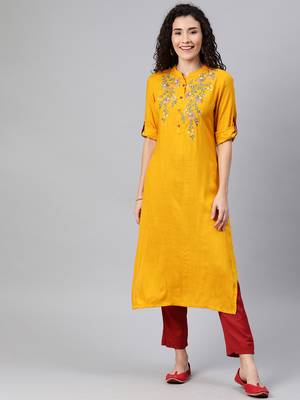 Mustard embroidered rayon ethnic-kurtis 1