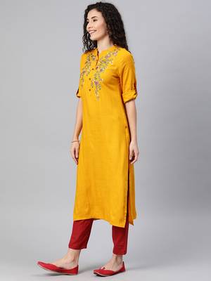 Mustard embroidered rayon ethnic-kurtis 4