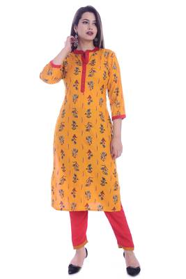 Yellow printed rayon ethnic-kurtis 1