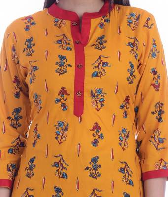 Yellow printed rayon ethnic-kurtis 4