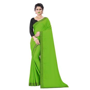 Parrot green plain art silk saree with blouse 1