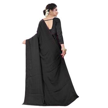 Black plain art silk saree with blouse 2