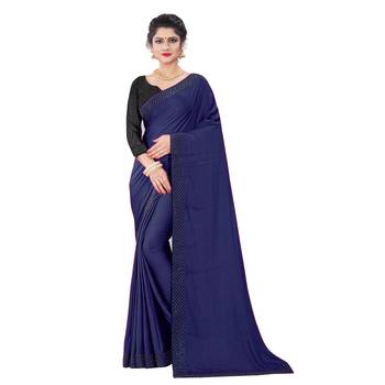 Navy blue plain art silk saree with blouse 1