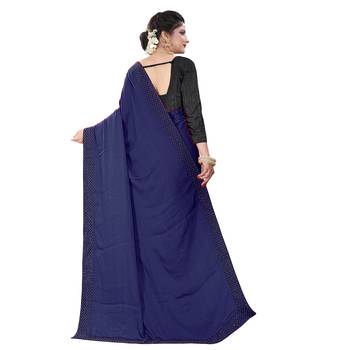 Navy blue plain art silk saree with blouse 2