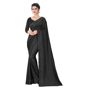 Black plain art silk saree with blouse 1