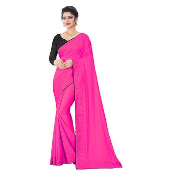 Rani pink plain art silk saree with blouse 1