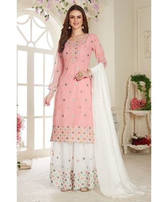 Pink Embroidered Foux Georgette Semi Stitched Sharara 1