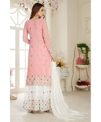 Pink Embroidered Foux Georgette Semi Stitched Sharara 4