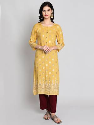 Mustard rayon printed kurti 1