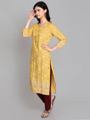 Mustard rayon printed kurti 3