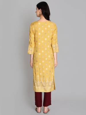 Mustard rayon printed kurti 4