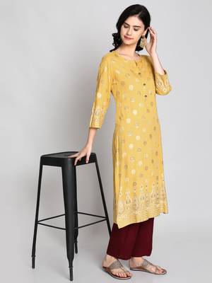 Mustard rayon printed kurti 5