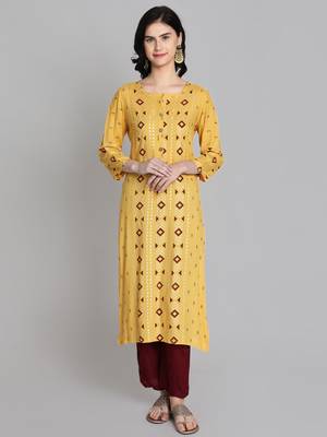 Mustard rayon printed kurti 1