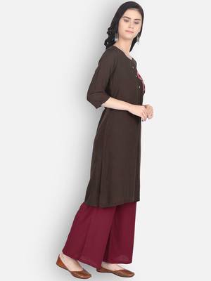 Brown rayon embroidered kurti with plazzo 3