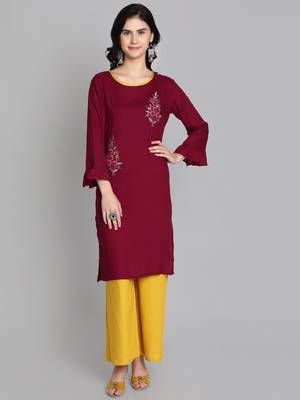 Maroon rayon embroidered kurti with plazzo 1