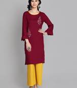 Maroon rayon embroidered kurti with plazzo