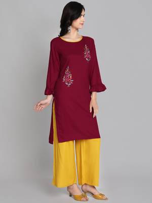 Maroon rayon embroidered kurti with plazzo 2