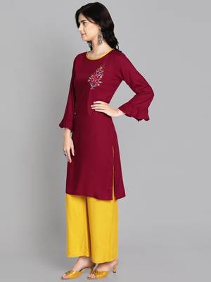 Maroon rayon embroidered kurti with plazzo 3