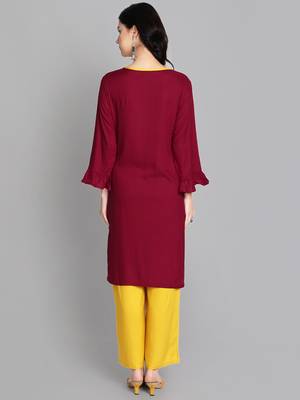 Maroon rayon embroidered kurti with plazzo 4