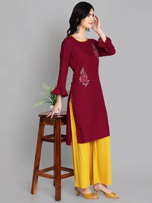 Maroon rayon embroidered kurti with plazzo 5
