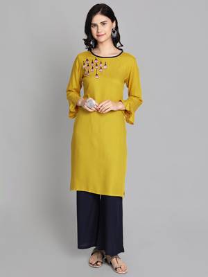Golden rayon embroidered kurti with plazzo 1