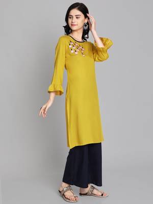 Golden rayon embroidered kurti with plazzo 2